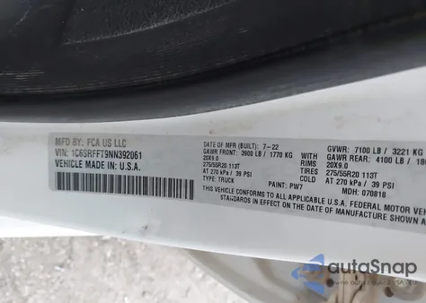 2022 Ram 1500 from USA, damaged, VIN 1C6SRFFT9NN392061